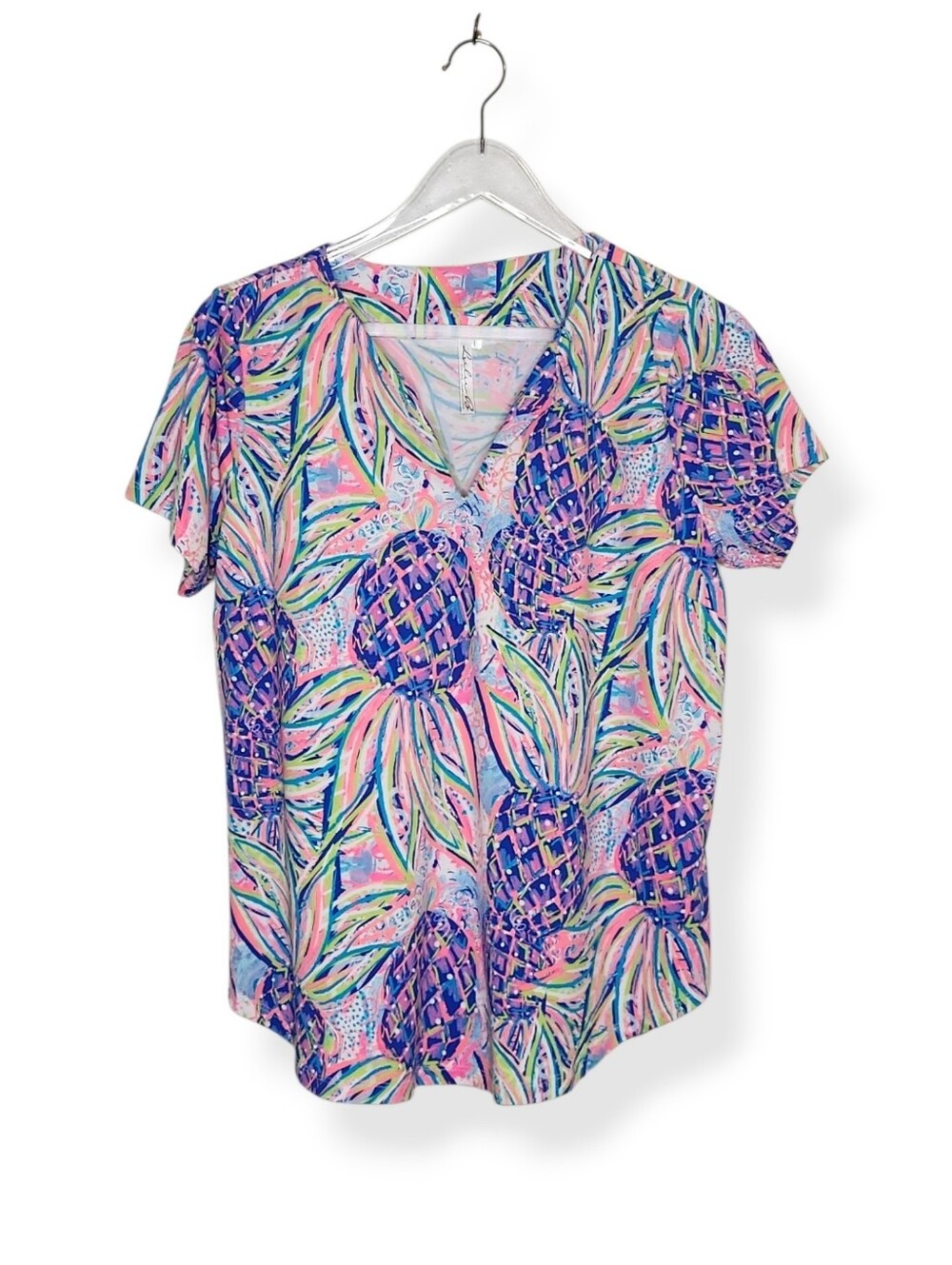 Lulu-B Vibrant Pink & Blue Pineapple Print UPF 50+ Short Sleeve Top Size Large